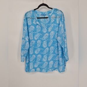 Blue Ginger Womens XL Tunic Top Rayon Lightweight Blue White Tropical Coverup